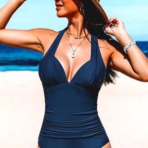 CUPSHE PLUNGE V-NECK HALTER TIE RUCHED BLUE ONE PIECE SWIMSUIT SIZE MEDIUM NWT